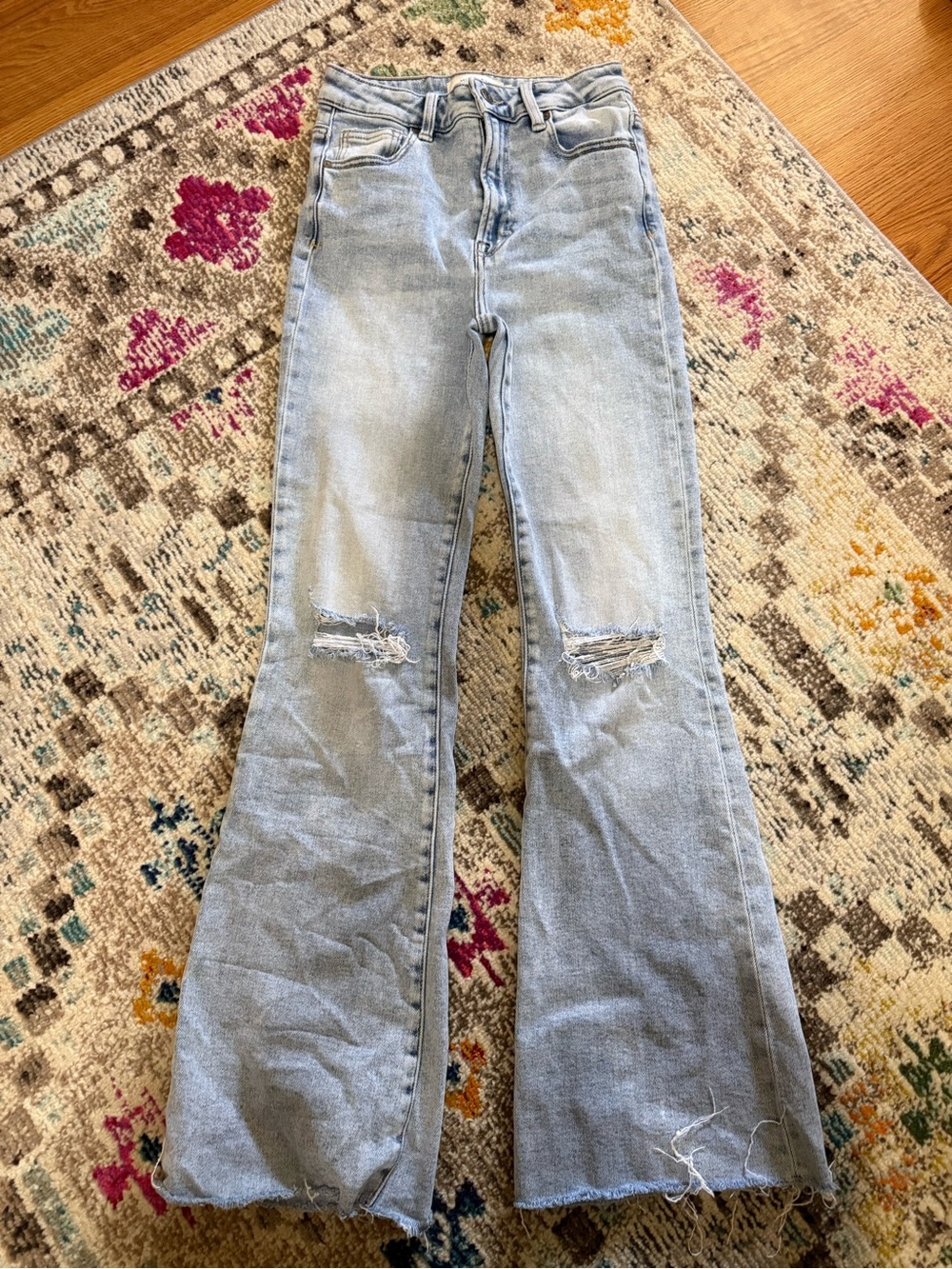 Light Wash Distressed High-Rise Flare Jeans - Light Blue